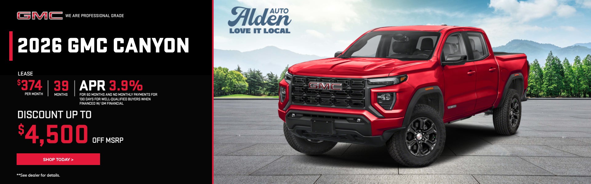 2026 GMC Canyon $374 per month for 39 months